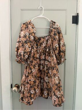 Storia Black Floral Square Neck Mini Dress with Rust & Cream Blooms